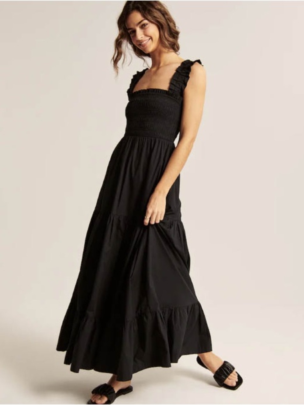 Abercrombie & Fitch Black Smocked Ruffle Strap Maxi Dress
